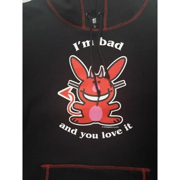 Broken Promises x Happy Bunny I'm Bad Contrast Black Hoodie Woman's Large Pocket - Picture 6 of 16